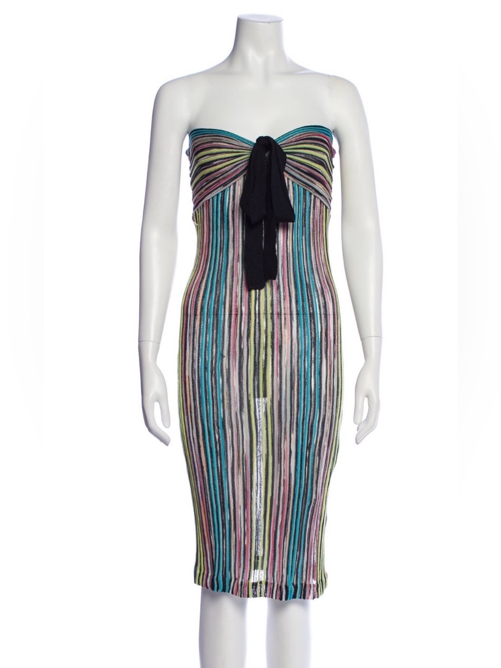 Missoni Strapless Multicolor Vertical-Stripe Knit Dress with Black Tie